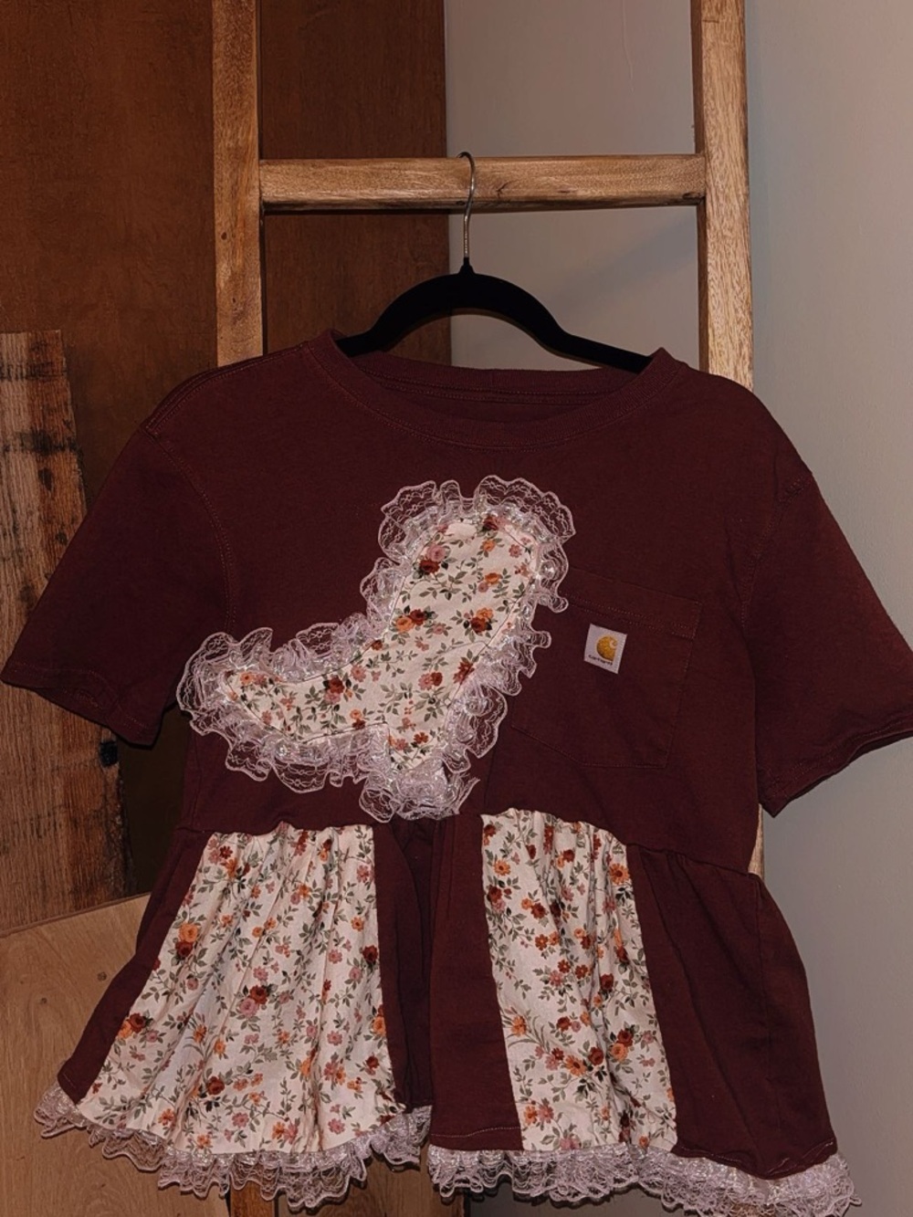 Carhartt Burgundy Floral Lace Patchwork Peplum Tee